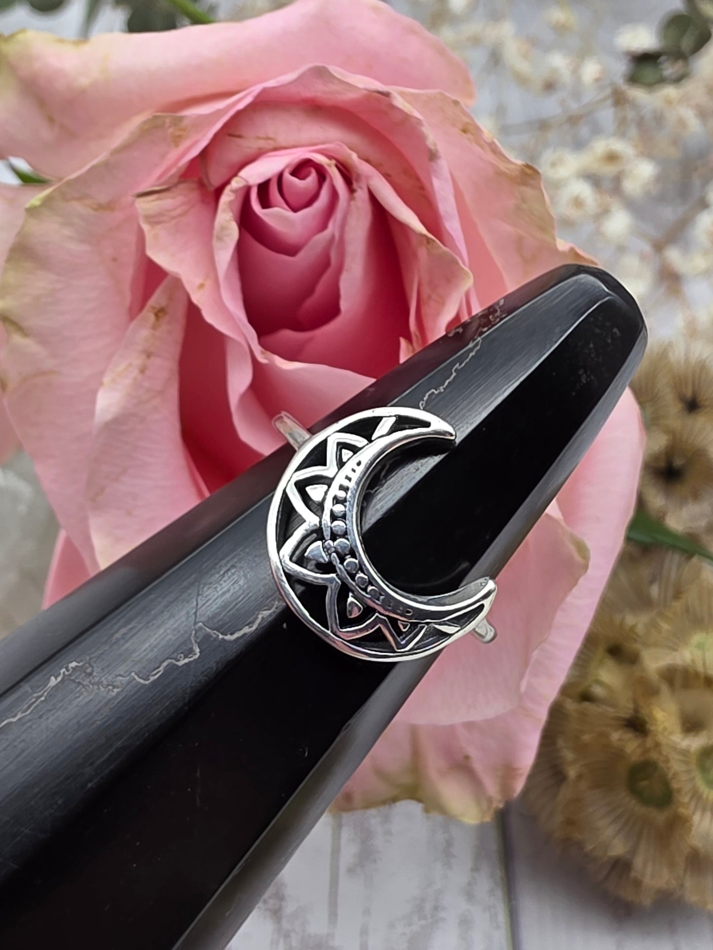Silver Mandala Moon Ring