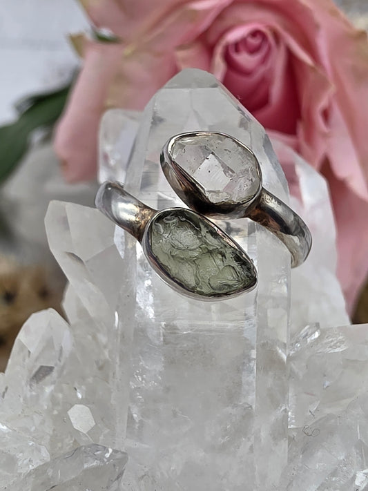 Moldavite Herkimer Ring
