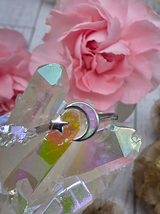 Pink Opal Moon And Star Ring