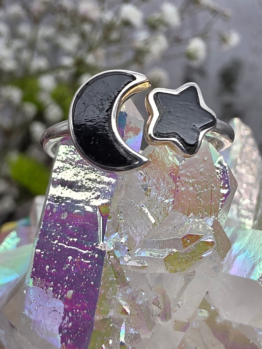 Black Tourmaline Moon And Star Ring