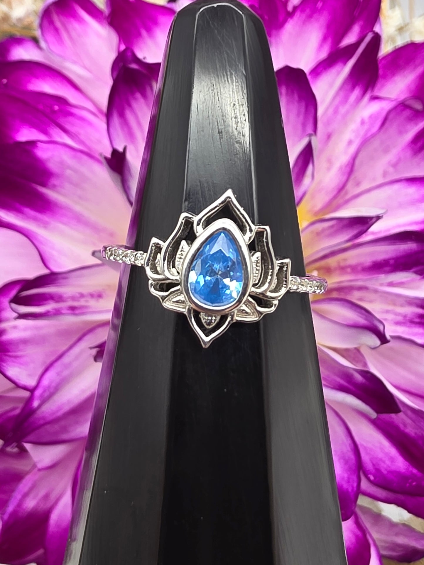 Blue Cubic Zirconia Lotus Ring