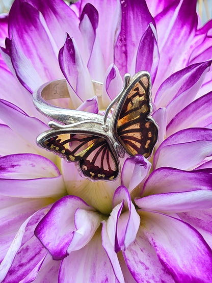 Hand Carved Amber Monarch Butterfly Ring