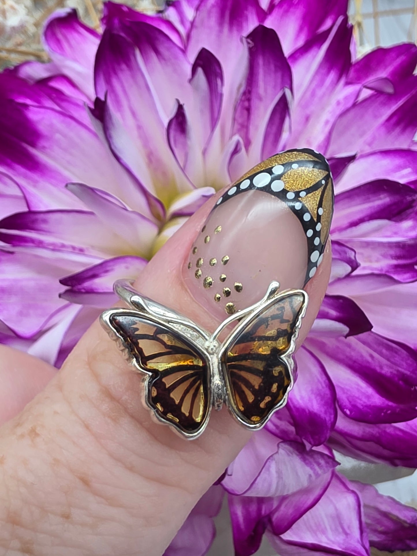 Hand Carved Amber Monarch Butterfly Ring