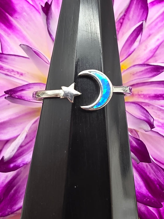 Blue Opal Moon and Star Ring