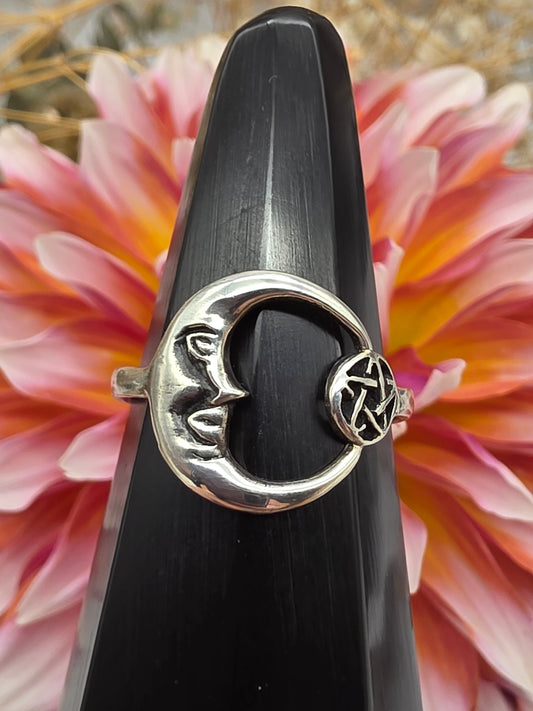 Silver Moon and Pentagram Ring