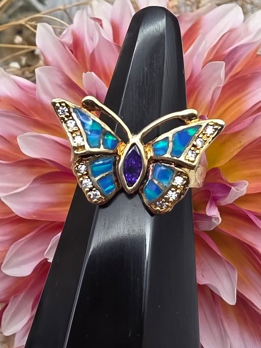 Gold Amethyst Blue Opal Cubic Zirconia Butterfly Ring