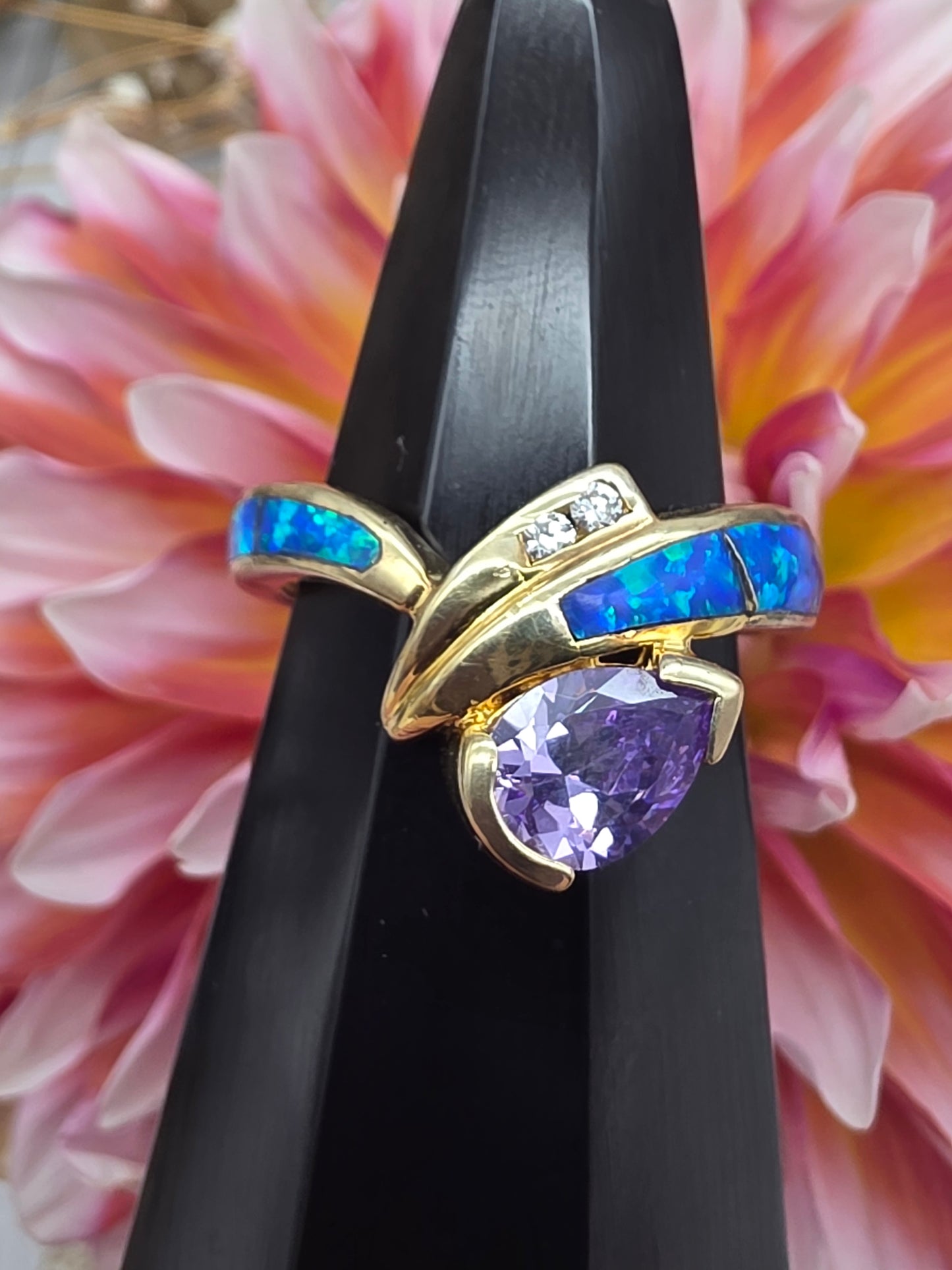 Gold Blue Opal Amethyst Cubic Zirconia Ring