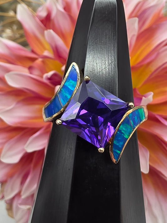 Gold Amethyst Blue Opal Ring