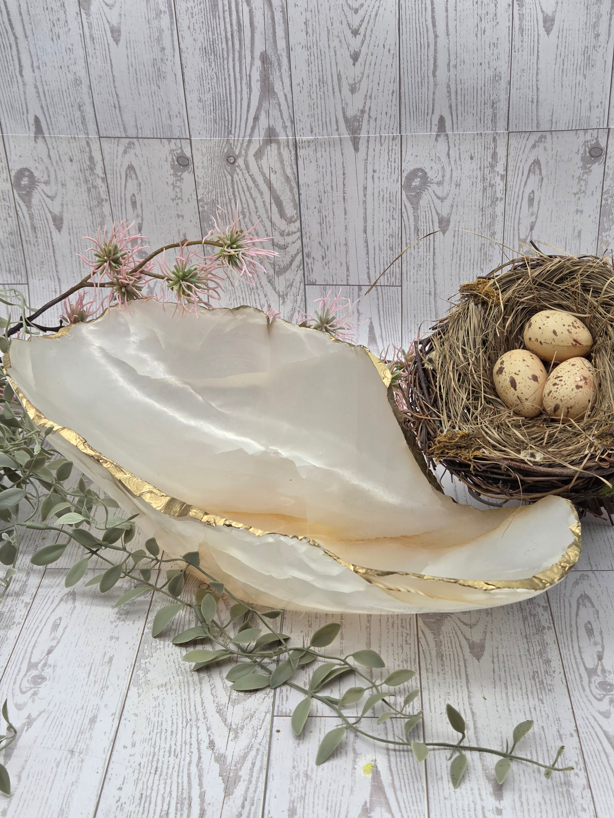 Large onyx bowl with raw edges and gold paint