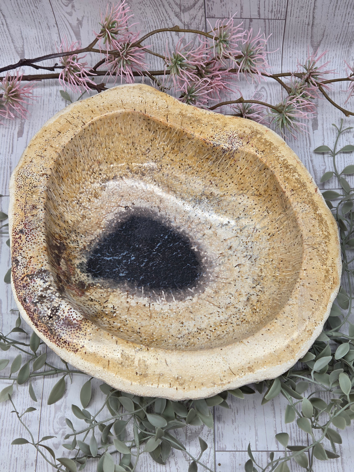 Fossilized bamboo bowl with beige and black coloration