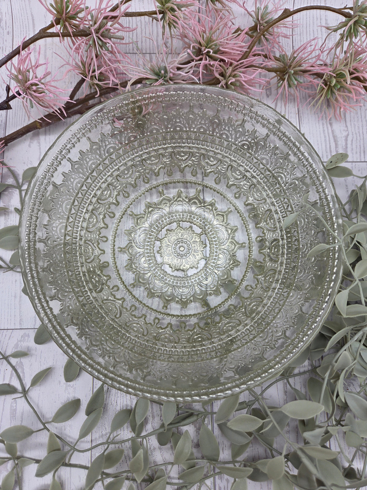 Intricate Turkish glass bowl with clear patterns