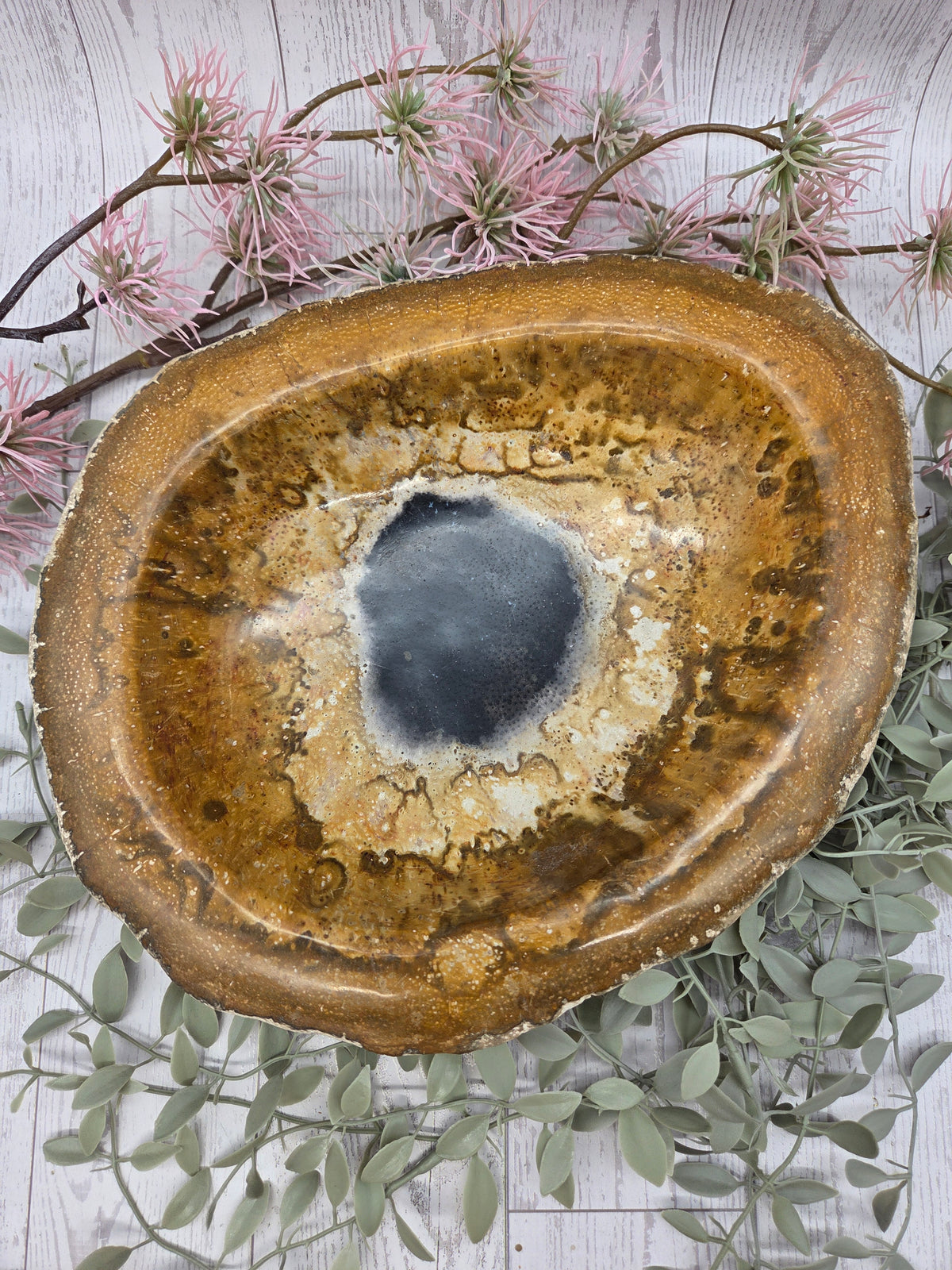 Fossilized bamboo bowl with brown and black colors