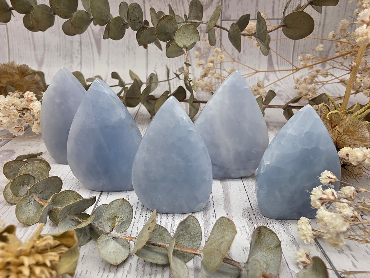 Polished blue calcite flames surrounded by dried flowers