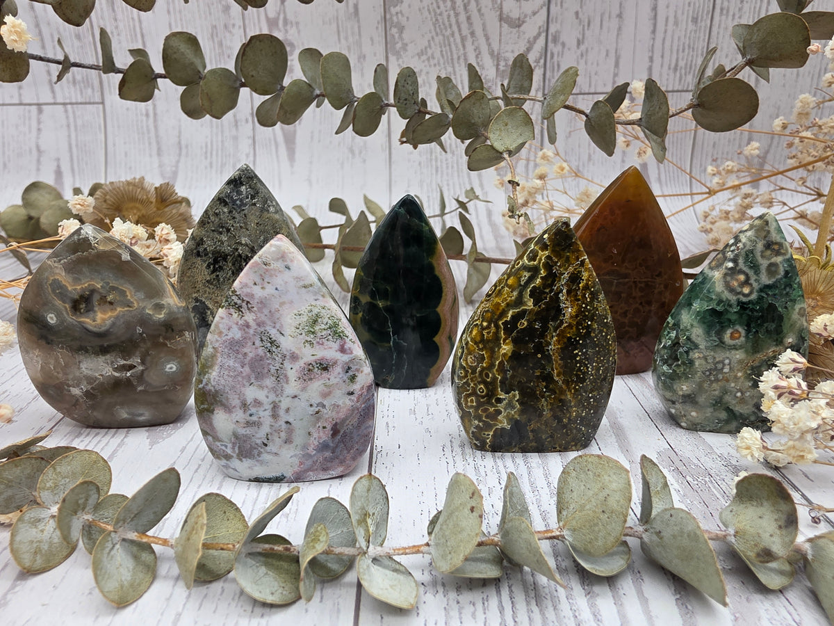 Polished Ocean Jasper Flame with green and brown patterns