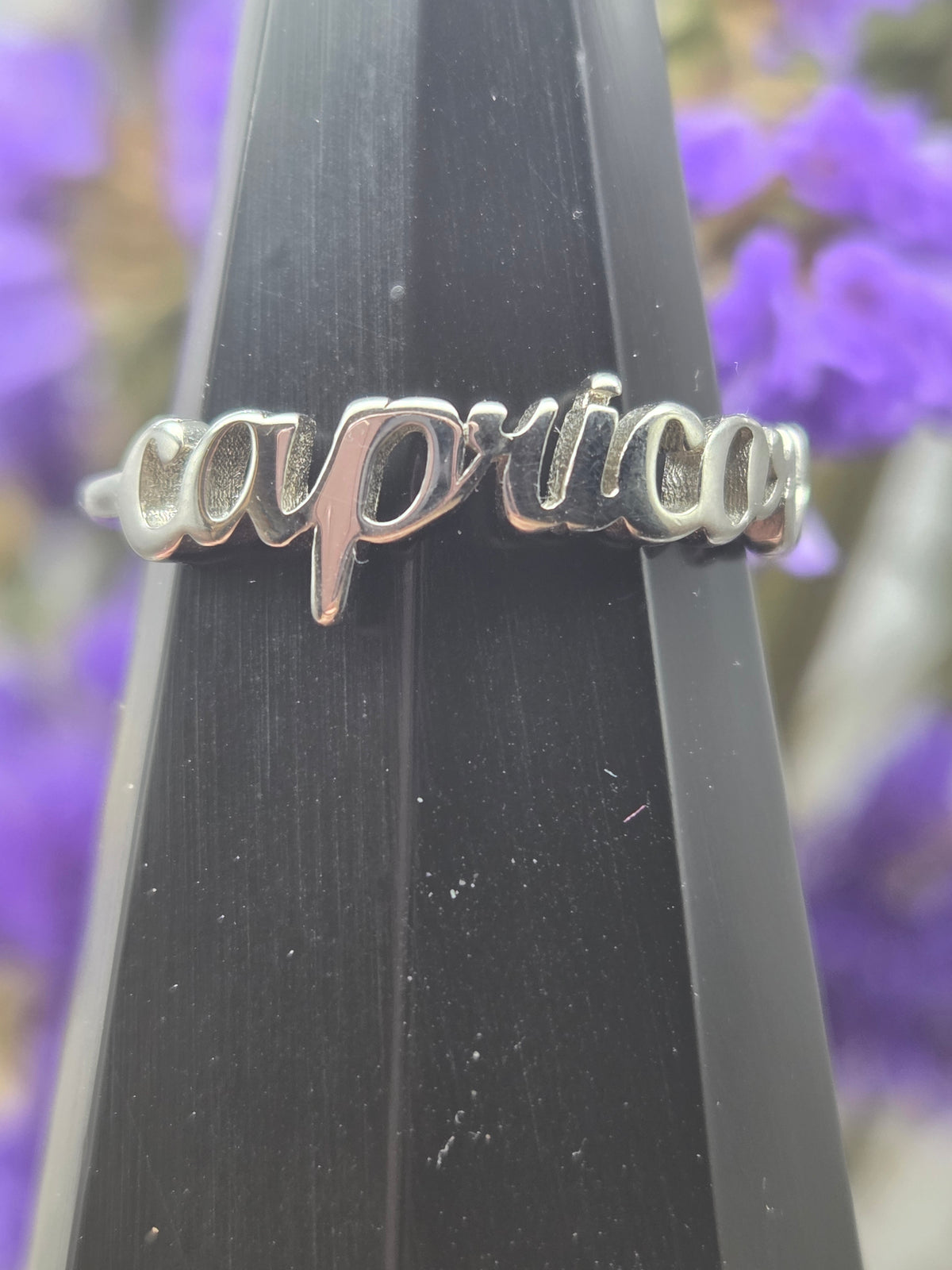 Sterling silver Capricorn ring displayed on a stand