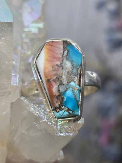 Spiny oyster turquoise ring with blue and orange hues