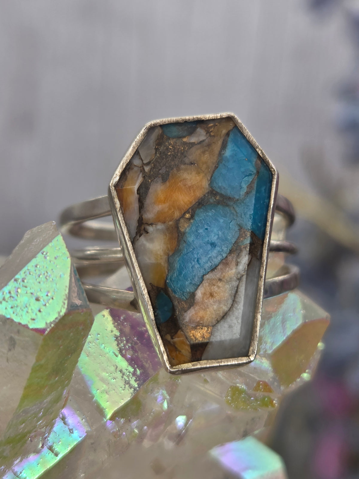 Spiny Oyster Turquoise Coffin Ring