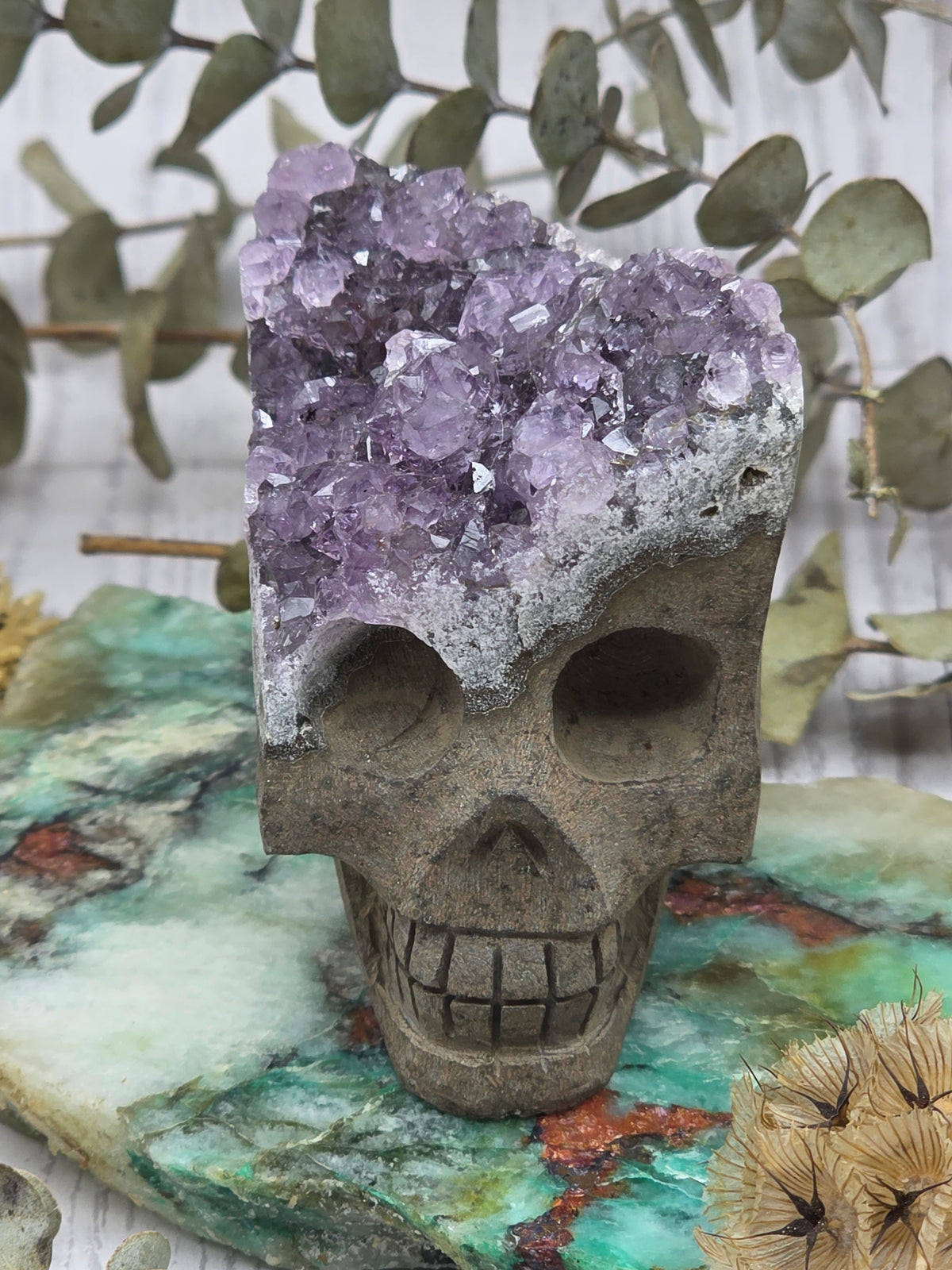 Amethyst Druzy Skull with sparkling purple crystals on top