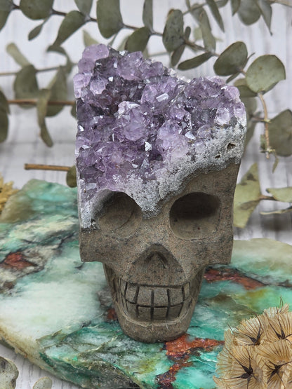Amethyst Druzy Skull with sparkling purple crystals on top