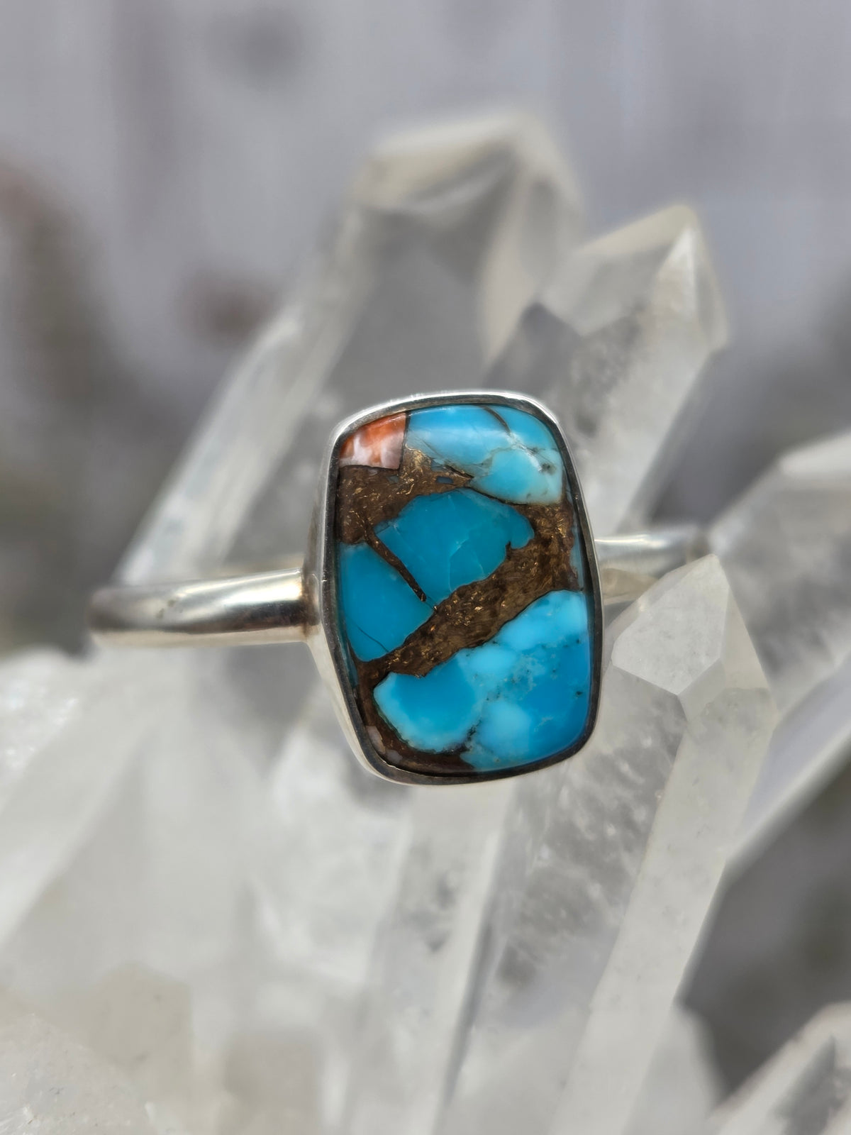 Spiny oyster turquoise sterling silver ring with blue and brown tones