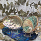 Iridescent abalone shells displayed on stands with a natural background