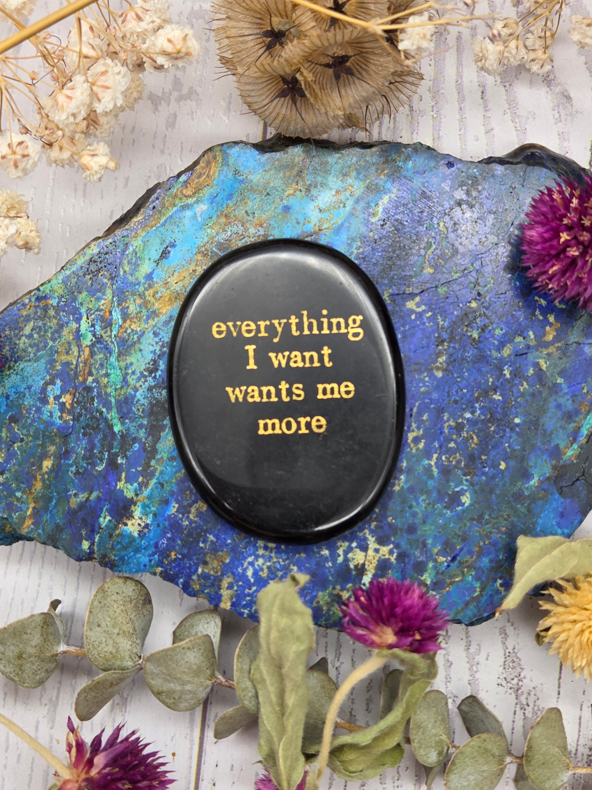 Obsidian etched worry stone with lettering