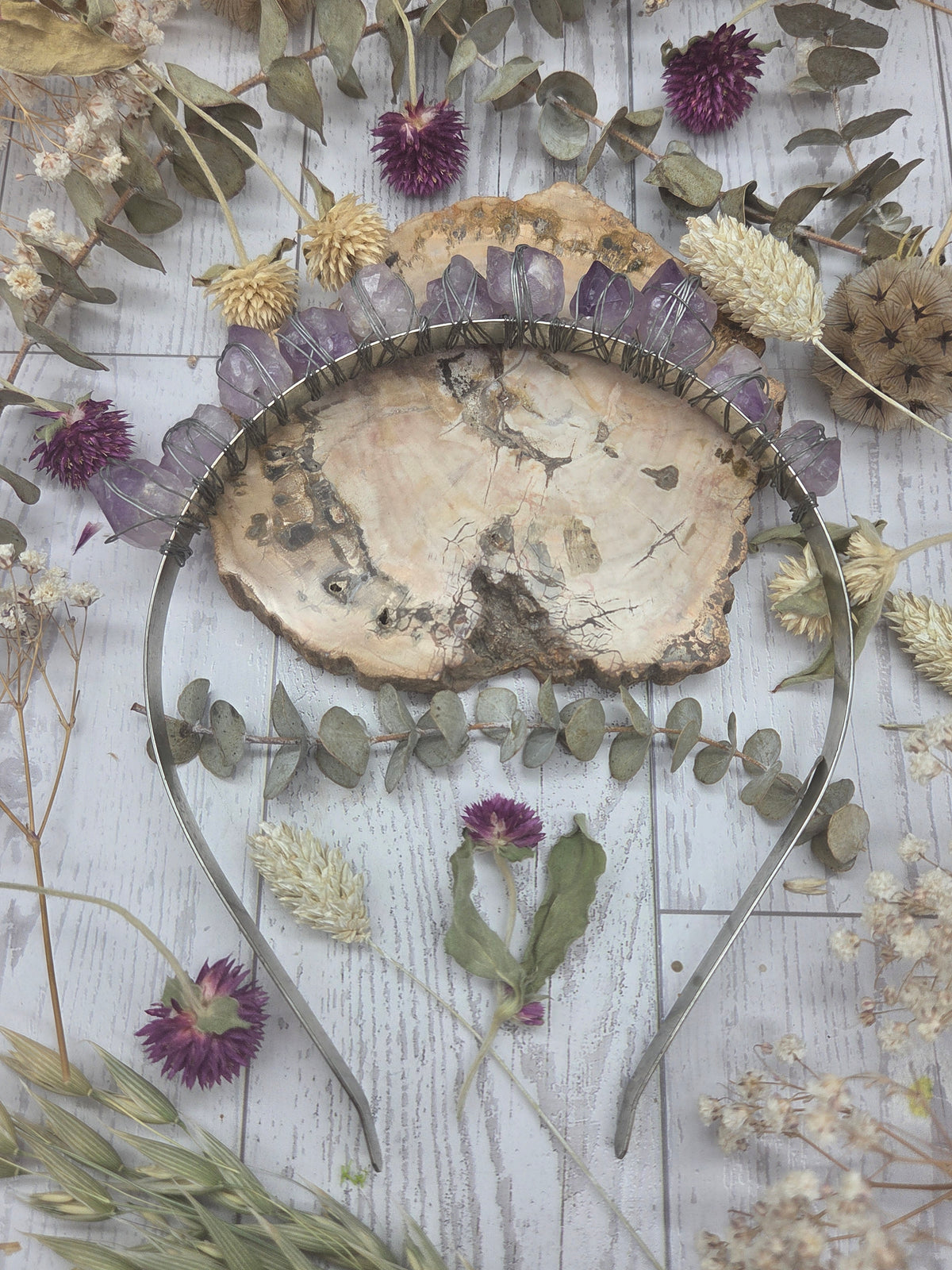 Amethyst Crown Headband with polished crystals on a natural background