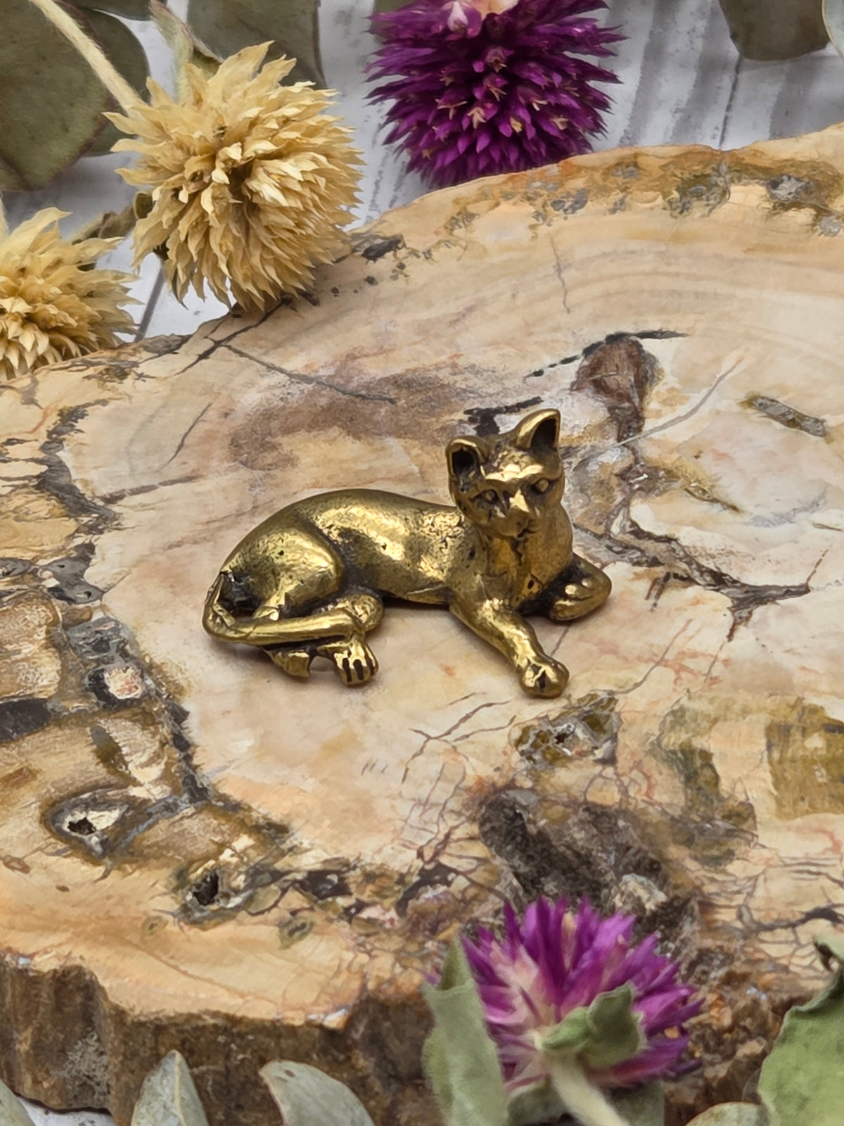 A small brass cat figurine with a polished finish