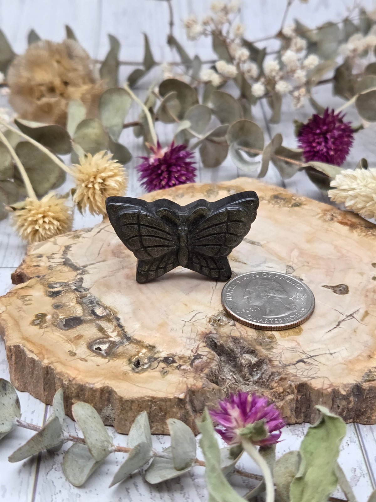 Golden Sheen Obsidian Butterfly Carving