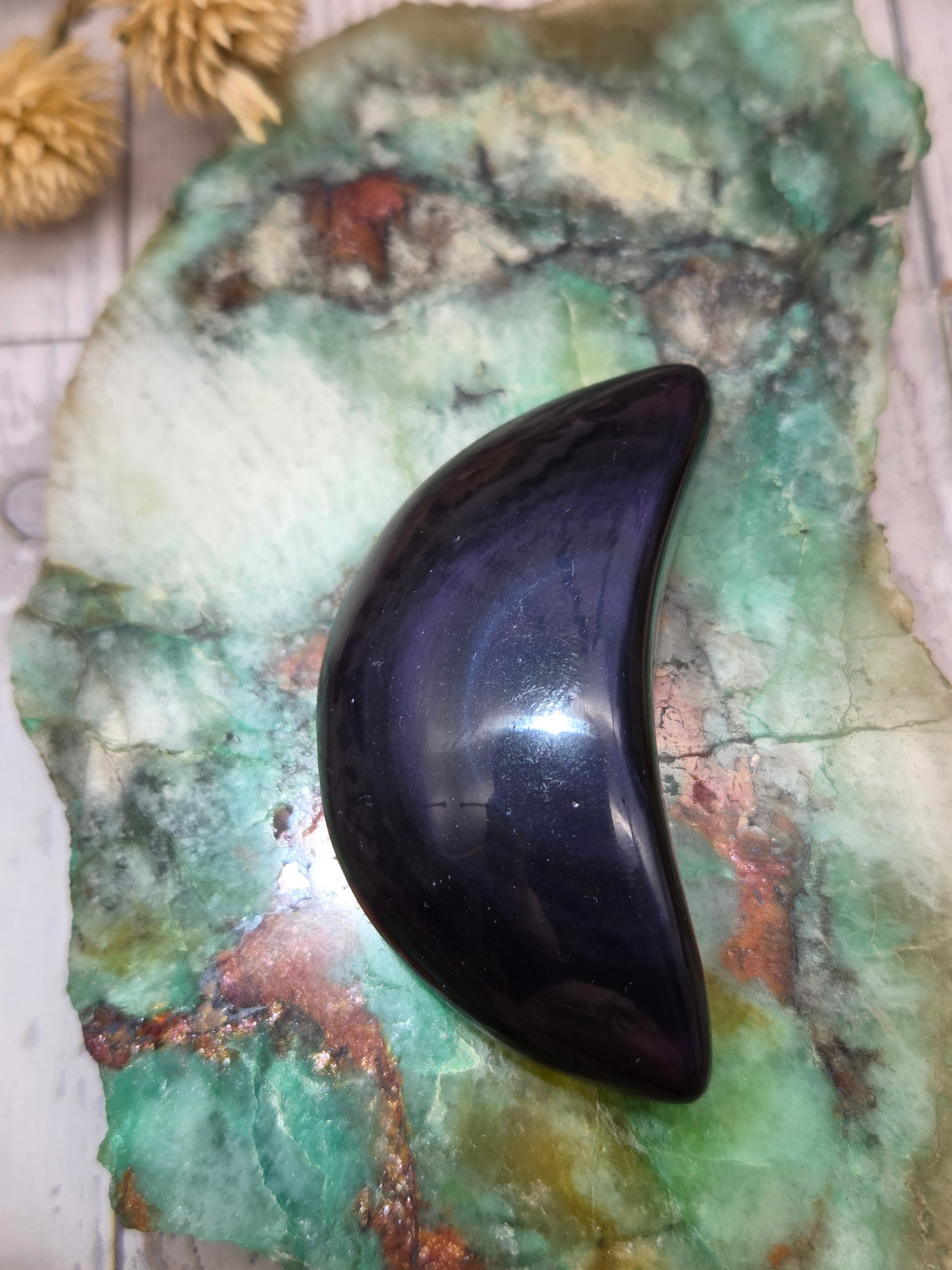 Rainbow Obsidian Moon Carving
