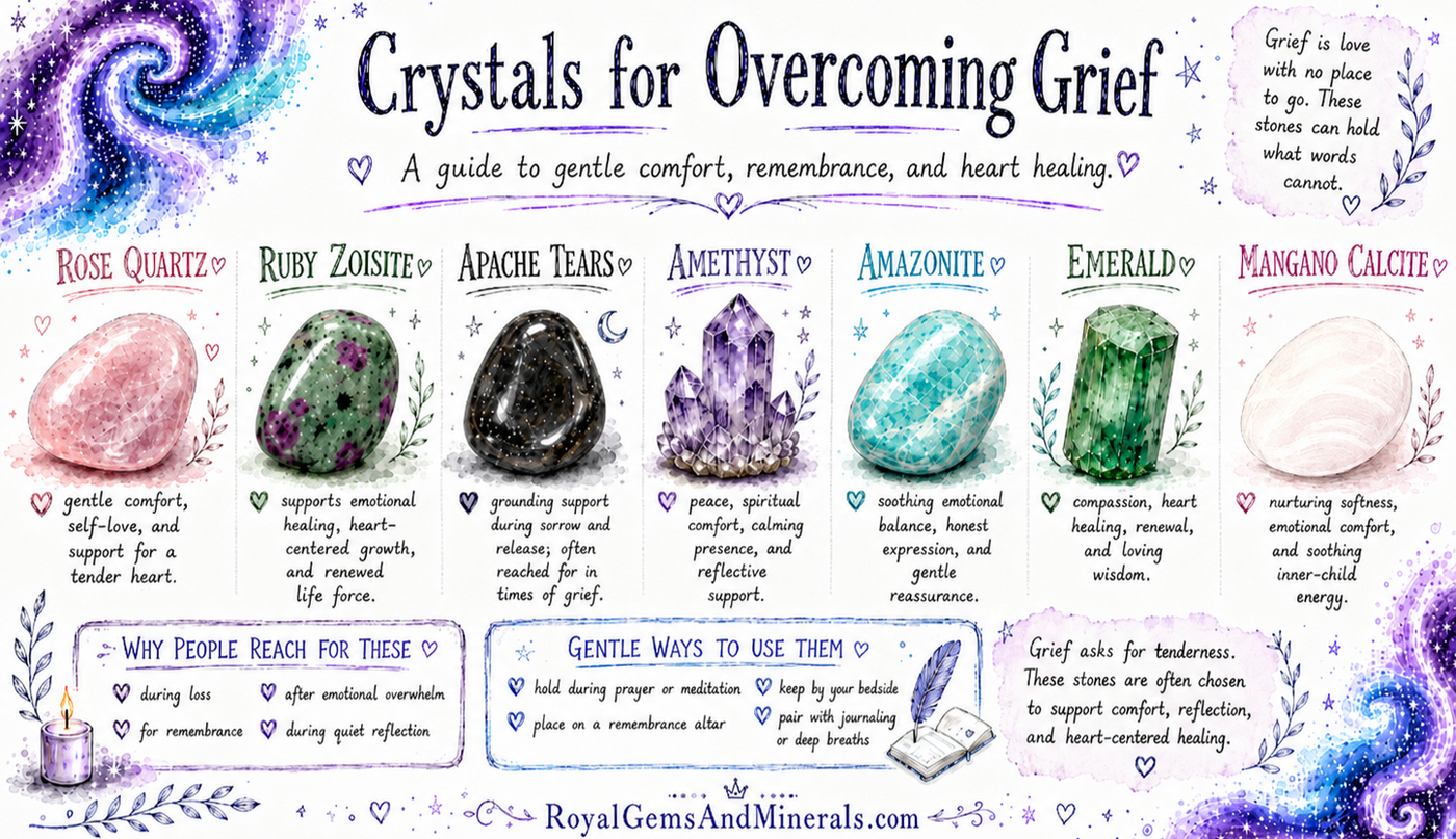 Crystals for overcoming grief guide with rose quartz, ruby zoisite, apache tears, amethyst, and amazonite