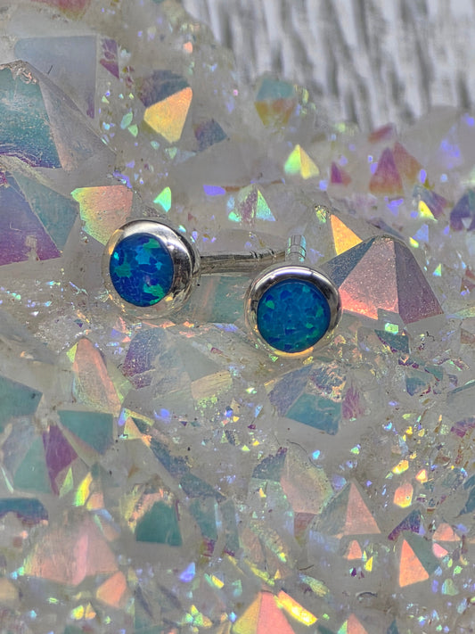 Dainty Blue Opal Post Earrings