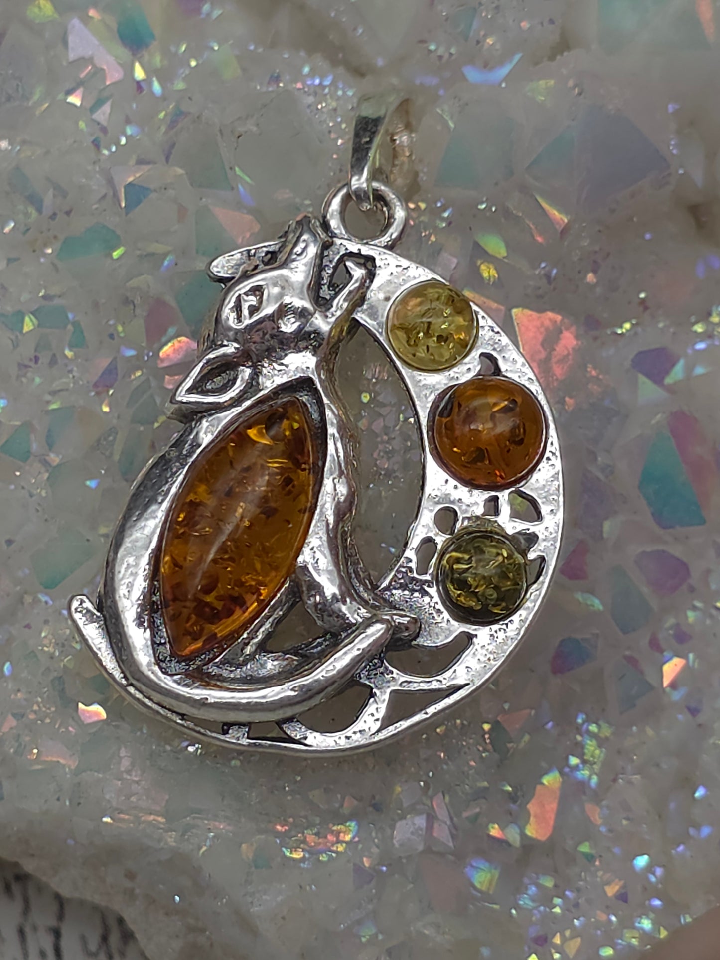 Amber Wolf on the Moon Pendant