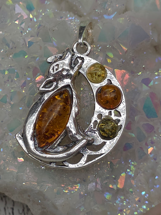 Amber Wolf on the Moon Pendant