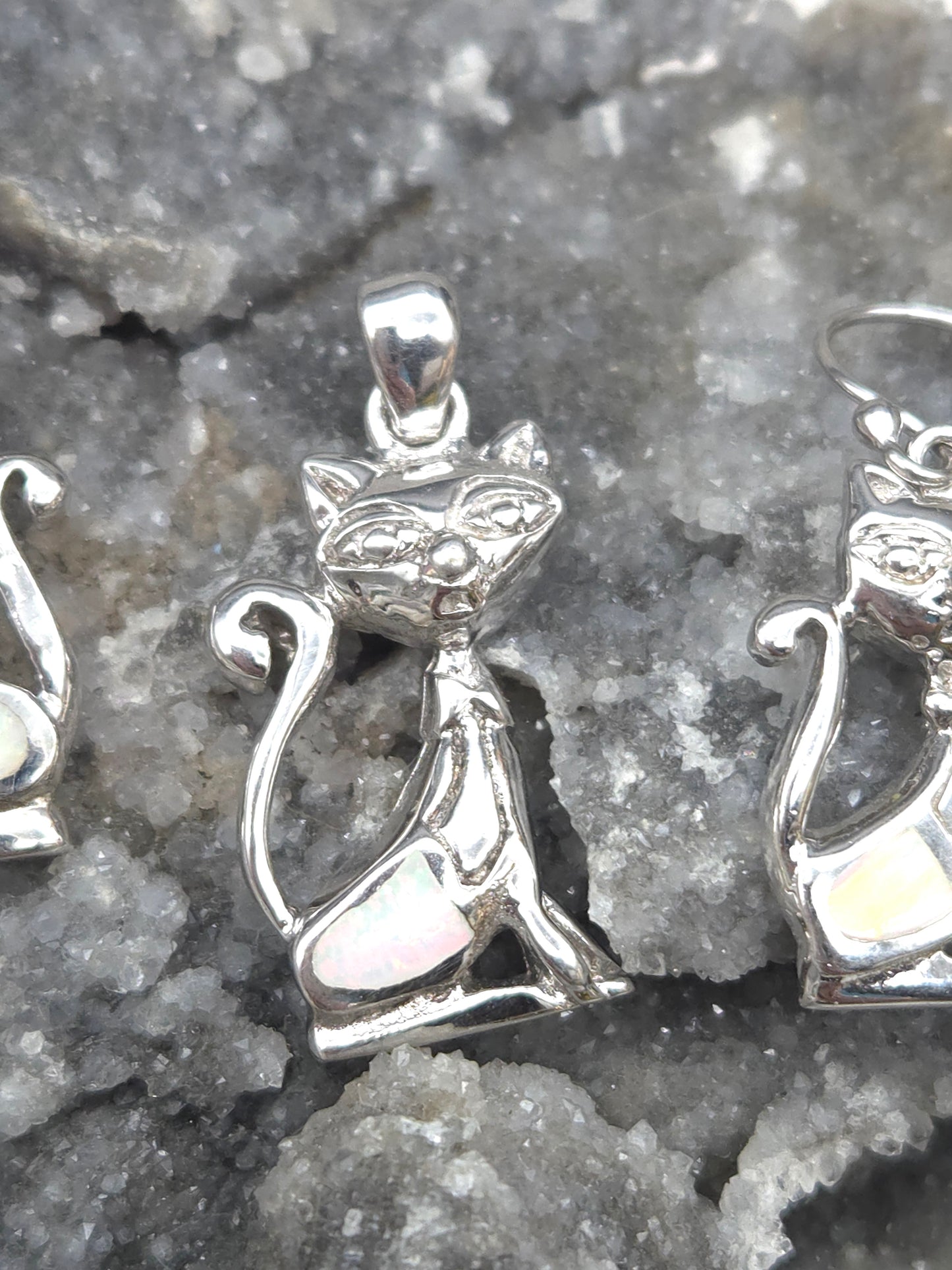 Sterling Silver Opal Cat Jewelry Set - detail shot