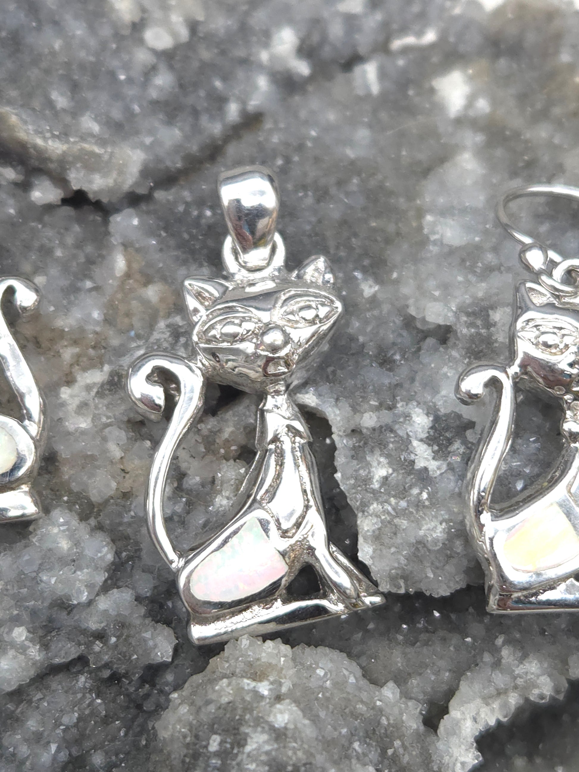 Sterling Silver Opal Cat Jewelry Set - detail shot
