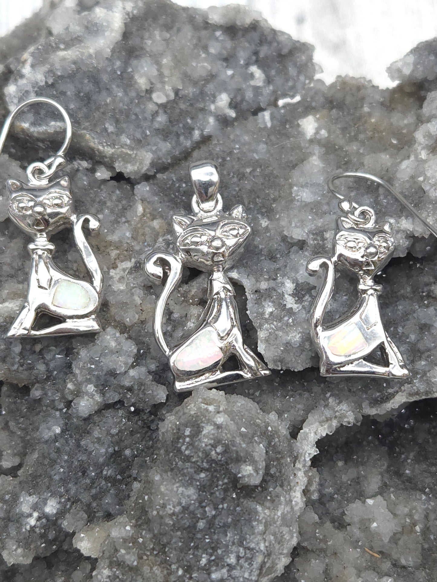 Sterling Silver Opal Cat Jewelry Set - alternate view