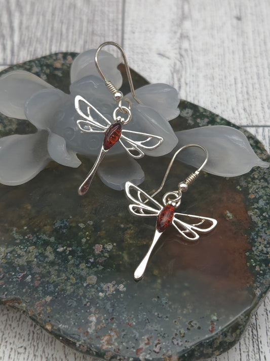 Amber Dragonfly Hook Earrings