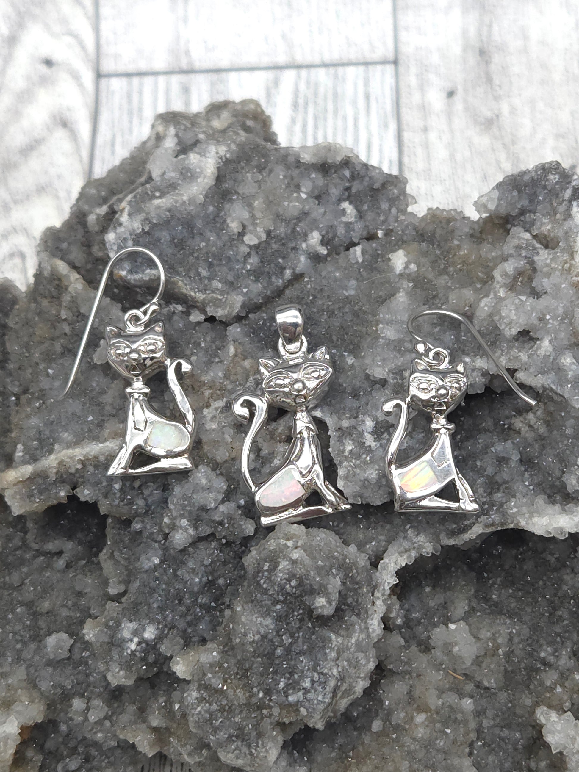 Sterling Silver Opal Cat Jewelry Set