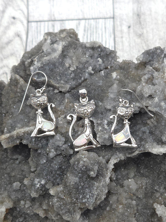 Sterling Silver Opal Cat Jewelry Set
