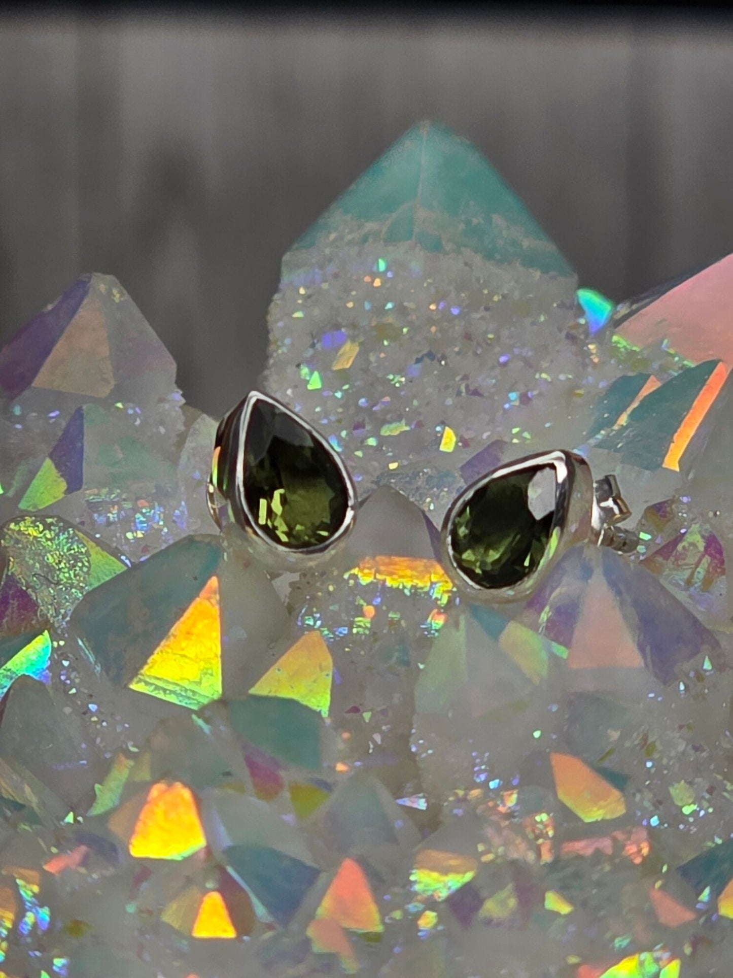 Faceted Moldavite Teardrop Post Earrings