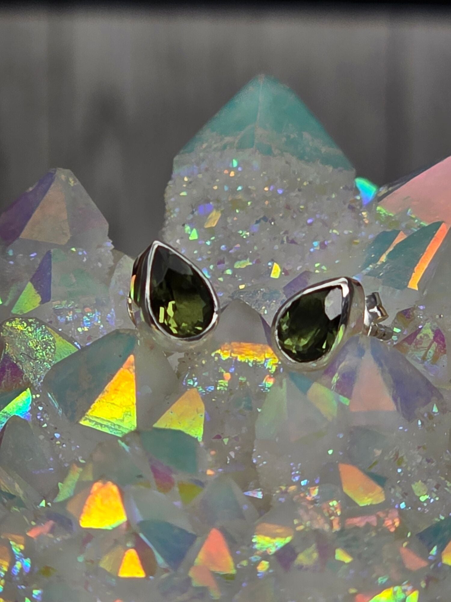 Faceted Moldavite Teardrop Post Earrings
