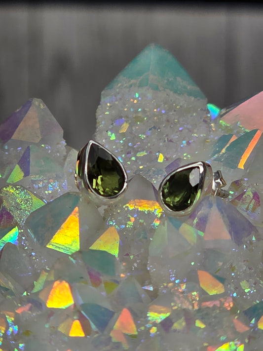 Faceted Moldavite Teardrop Post Earrings