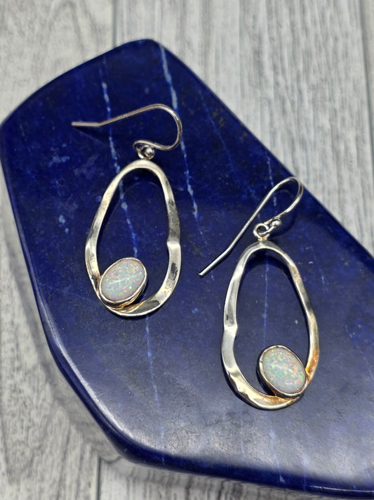 White Opal Oval Hook Earrings