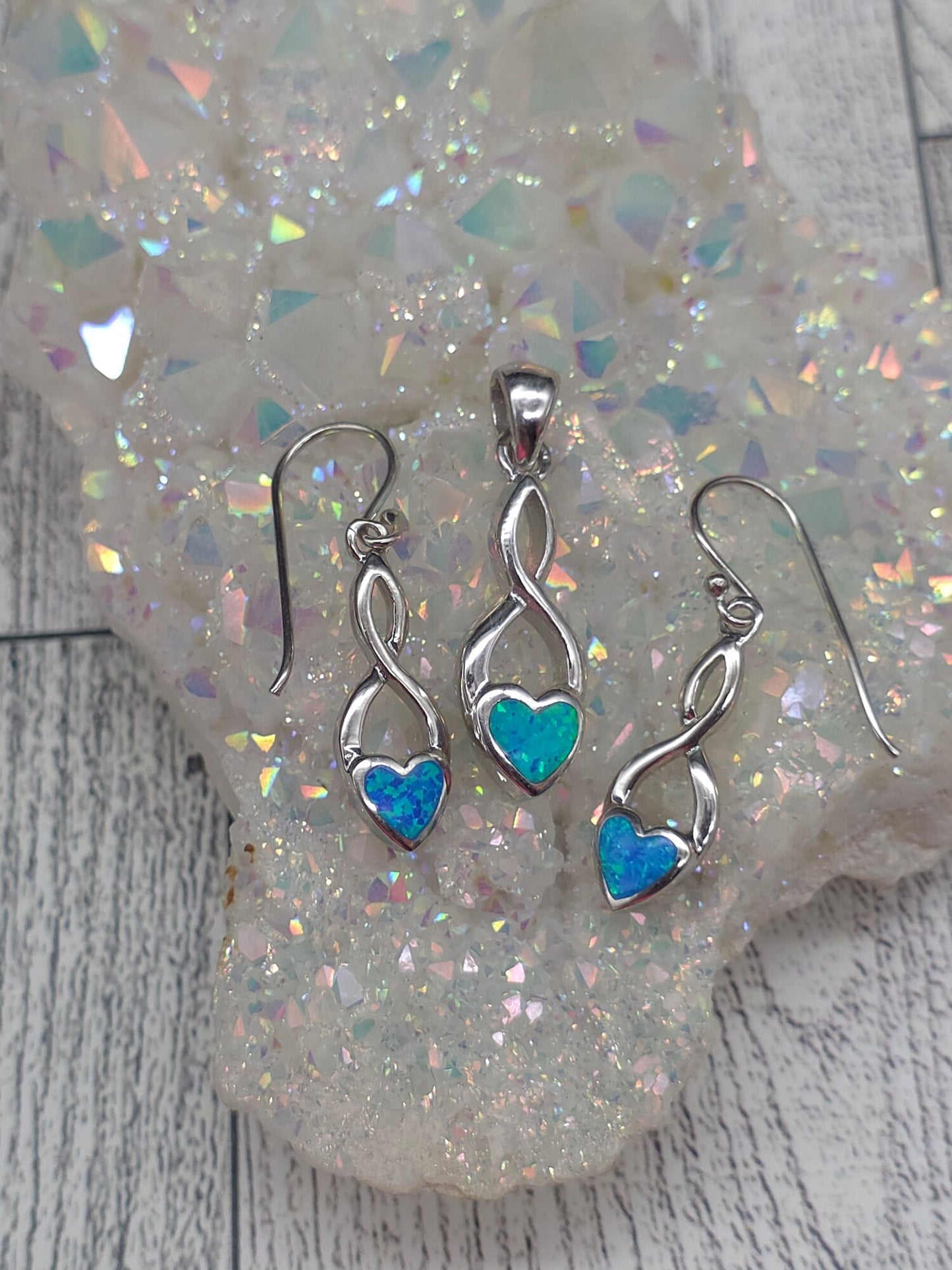 Blue Opal Heart Pendant and Earring Set