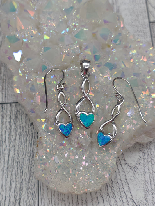Blue Opal Heart Pendant and Earring Set