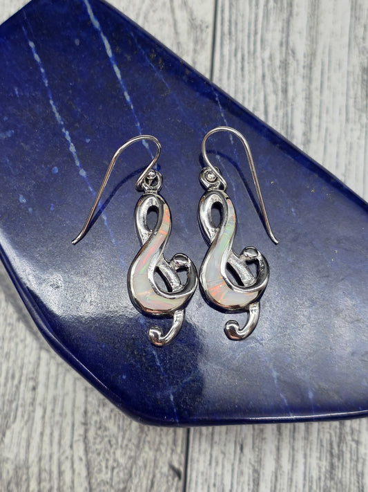 White Opal Treble Clef Hook Earrings