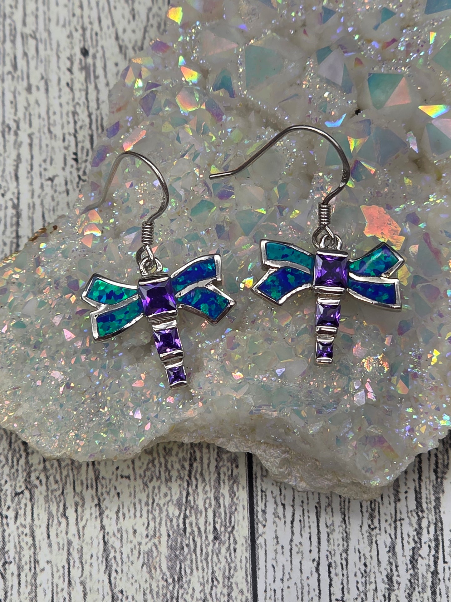 Blue Opal Amethyst Dragonfly Earrings