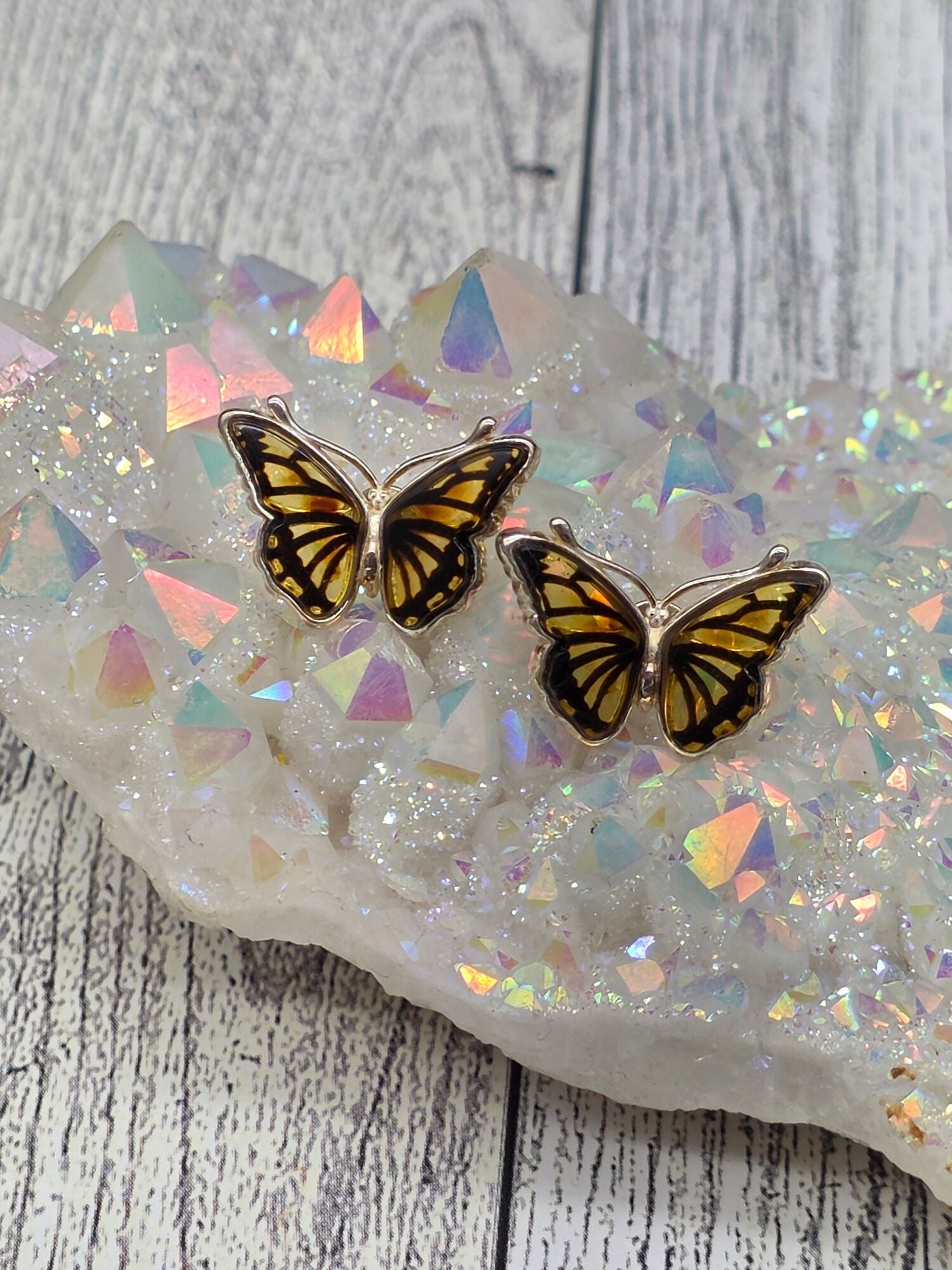 Hand Carved Amber Butterfly Post Earrings