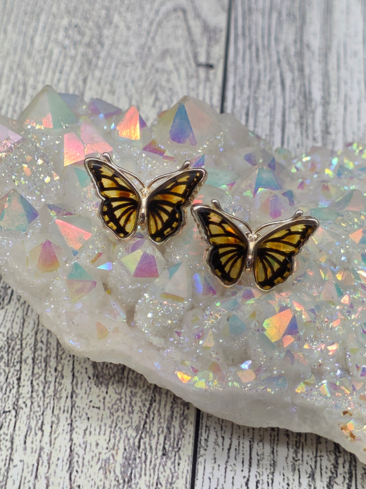 Hand Carved Amber Butterfly Post Earrings